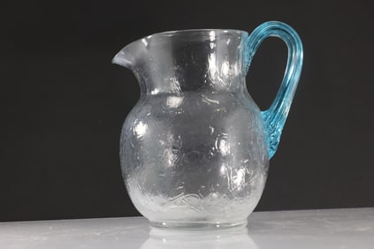 Crackle Glass Crystal 1950's-1960's Hand Blown Vintage Water Pitcher withy Applied Blue Handle