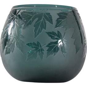 Ken Benson LS Cameo Etched Art Glass Teal Maple Leaf 8-inch diameter Bowl Vase Signed