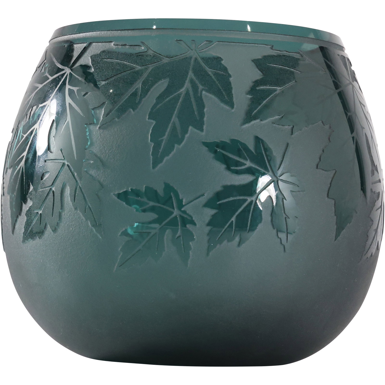 Ken Benson LS Cameo Etched Art Glass Teal Maple Leaf 8-inch diameter Bowl Vase Signed: Ken Benson LS Cameo Etched Art Glass Teal Maple Leaf 8-inch diameter Bowl Vase Signed. size: 7h x 8w