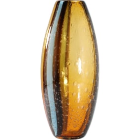 Tall  Amber Art Glass Vase with Blue Stripe 11 in. height, Mid-Century Modern