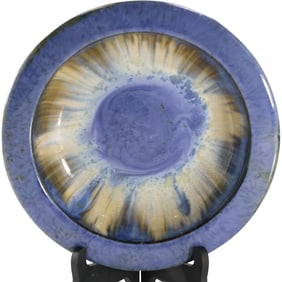 Antique Fulper Pottery Low Blue Bowl Glaze, Signed, 11 inches diameter