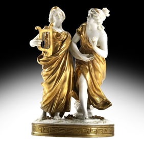 19th C.Capodimonte Porcelain, Italy, Gold Gilt and White Grouping of Two Classical Women
