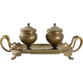 Antique French Empire Bronze Double Inkwell Desk Top with Snakes 6 in. height x 14 in. length