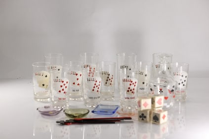 Estate Collection "Playing Cards" Glass Barware, Dice, Stirrers, Glass Trays SEE PICTURES
