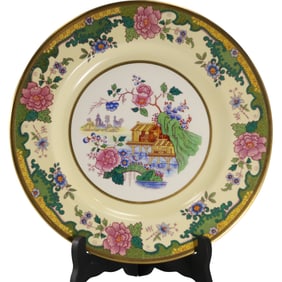 Set of 8 "Pareek" Johnson Bros England Service Dinner Plates 11.5 in. dia. Flowers, Buildings