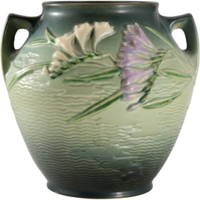 Roseville Art Pottery Freesia Green Vase #4-8 ; 9 in. height x 11 in wide