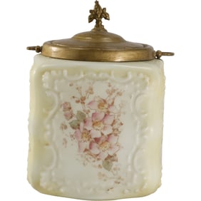 19th C. WAVECREST Glass Cracker Jar with Silver Plate Cover , Handle 9 in. height x 6 in. wide