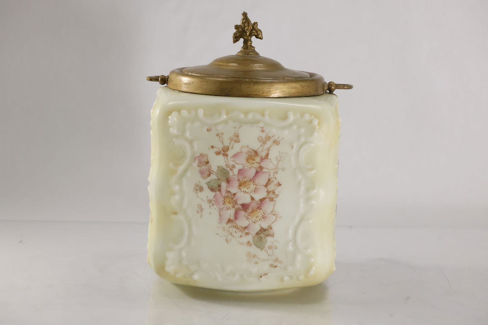 19th C. WAVECREST Glass Cracker Jar with Silver Plate Cover , Handle 9 in. height x 6 in. wide (1 of 20)