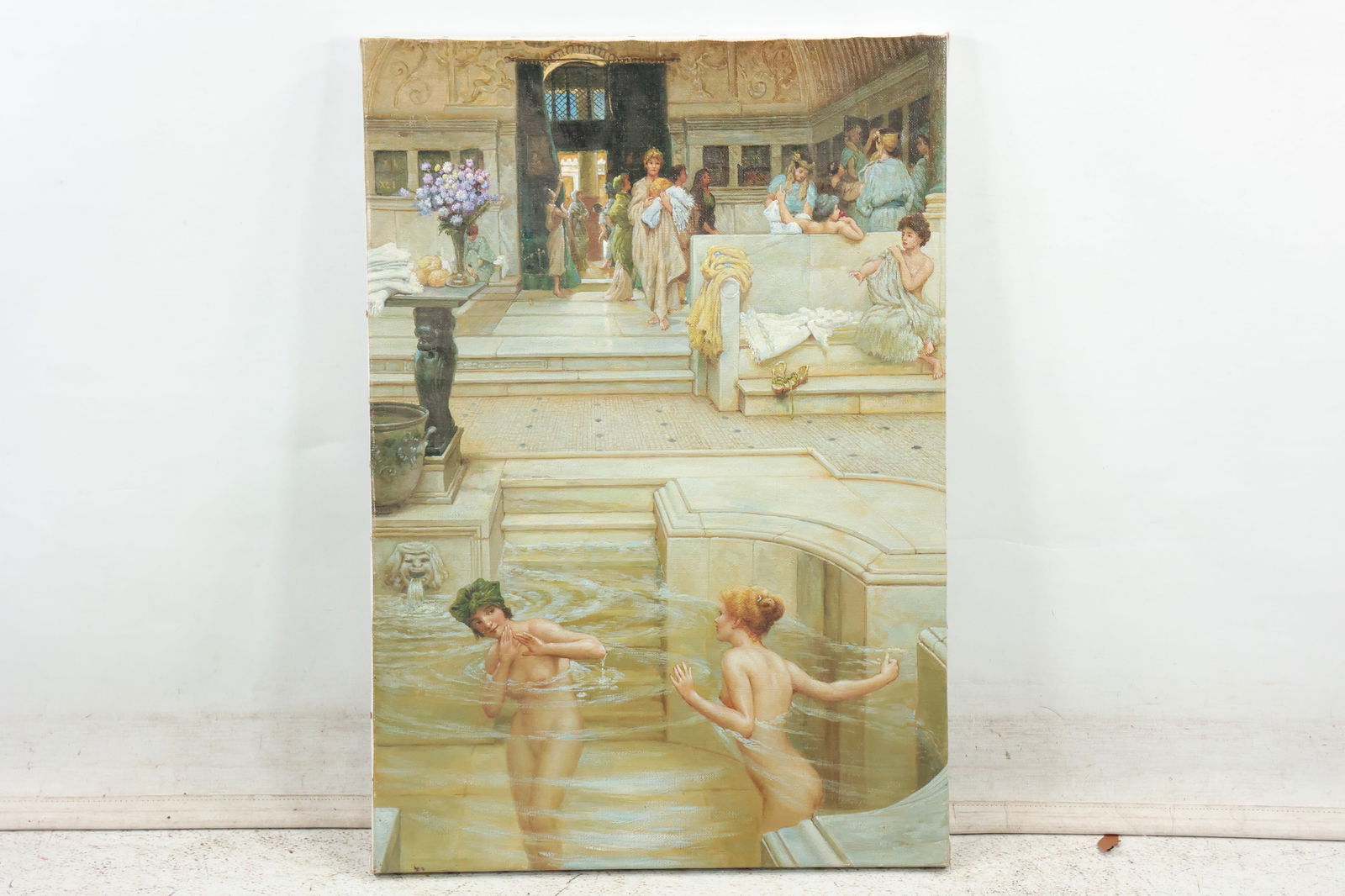 after Sir Lawrence Alma-Tadema, "A Favourite Custom" Oil on Canvas Painting 28 in. x 19 in.: after Sir Lawrence Alma-Tadema, "A Favourite Custom" Oil on Canvas Painting. Women in Public Bath. 28 in. x 19 in. size: 28h x 19w