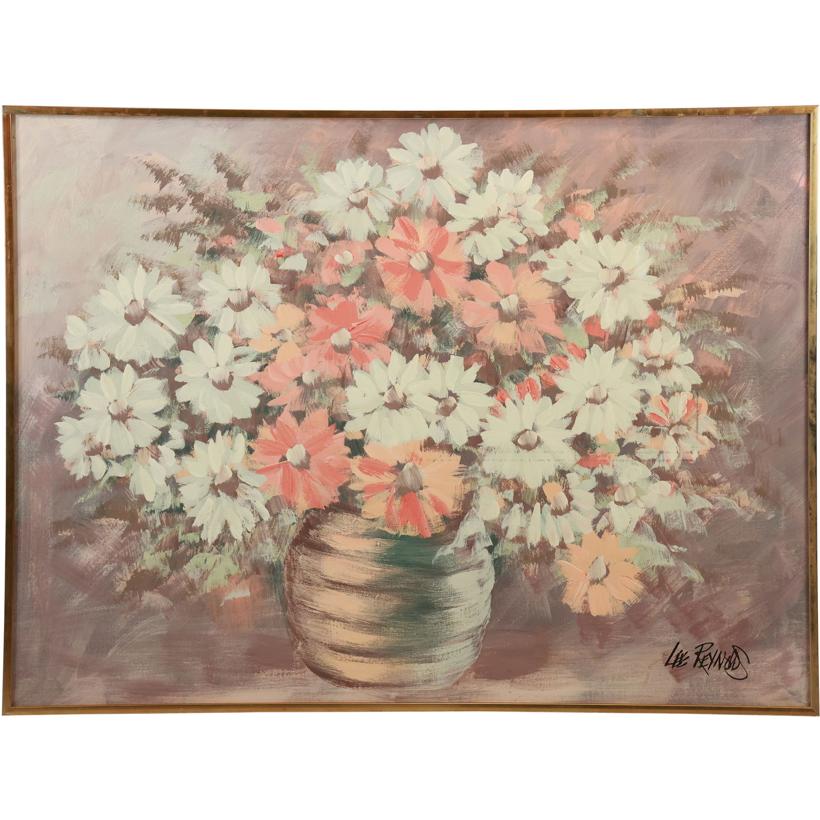 Lee Burr, Signed Pen Name Lee Reynolds, Oil Painting MODERNISM ABSTRACT FLOWERS: Lee Burr, Signed Pen Name Lee Reynolds, Oil Painting MODERNISM ABSTRACT FLOWERS white and orange. size: matting 29h x 40w frame 31h x 41 w. ; ASKart: Lee Burr Born: 1936 Known for: Abstraction, (Vangu