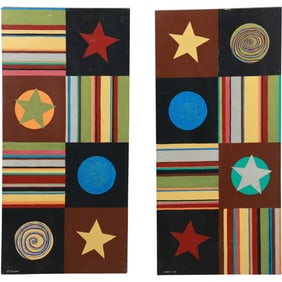 [2] Signed CMS 2011, Oil Painting on Wood Panels, Colorful Stars, Stripes, Circles