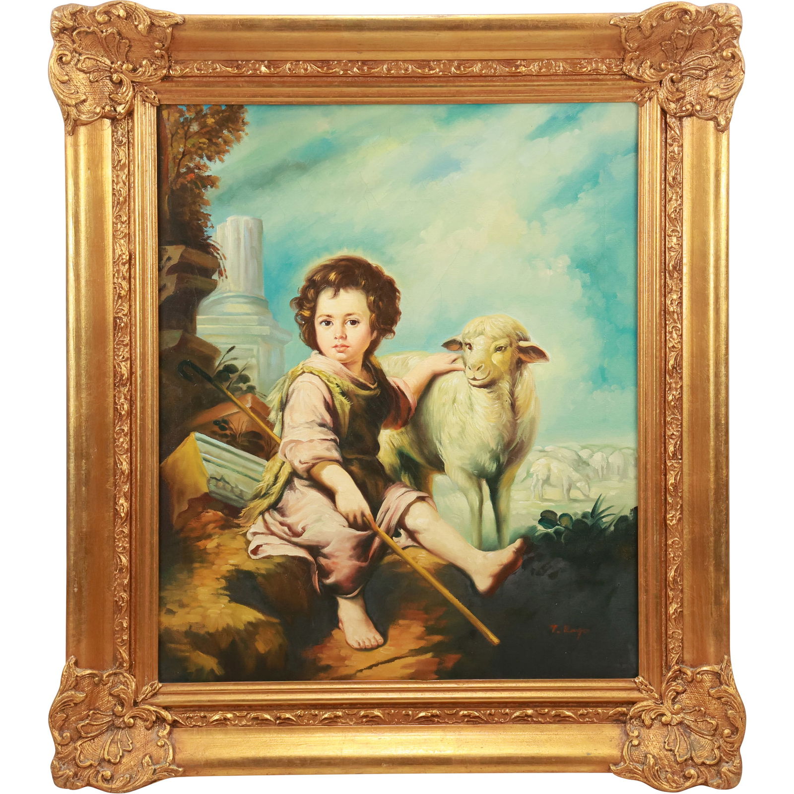 after Bartolomé Esteban Murillo, Christ Child as the Good Shepherd, Artist Signed T. Rago, Framed (1 of 15)