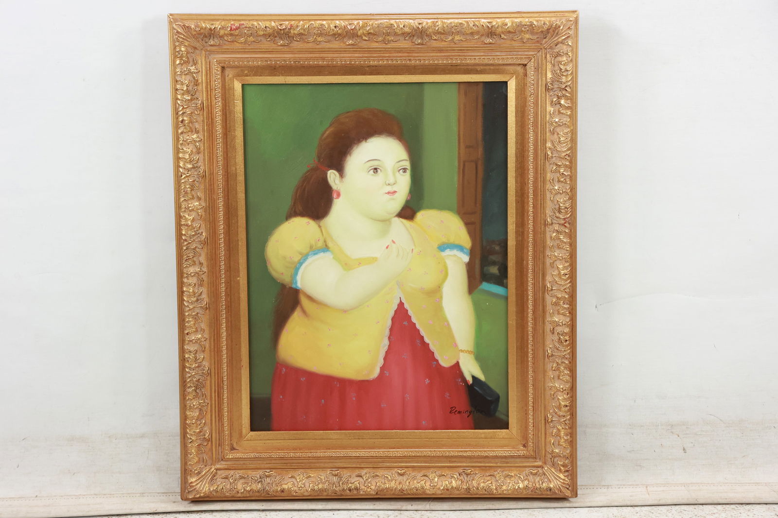 after Fernando Botero, OIl on Canvas Woman in Yellow Blouse Signed Remington, Framed: after Fernando Botero, OIl on Canvas Woman in Yellow Blouse Signed Remington, Framed. size: matting 16h x 12w frame 22H X 19w