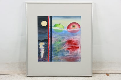 Jane J Adriance, Surrealist Watercolor Painting Apples Floating in Ocean Waters, Signed, Framed