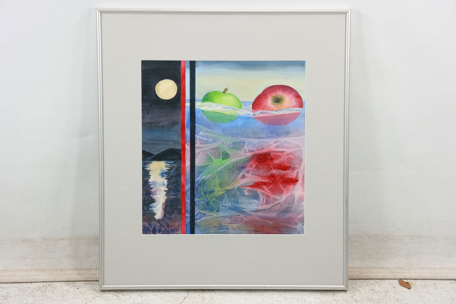 Jane J Adriance, Surrealist Watercolor Painting Apples Floating in Ocean Waters, Signed, Framed (1 of 12)