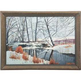 William Charles Bahmermann, American. "Winter's Departure" Oil on Canvas Painting , Label on Verso