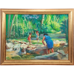 Signed Dolores Lopez, Oil Painting on Canvas,  Titled "En El Rio" Venezuela 1976, Framed