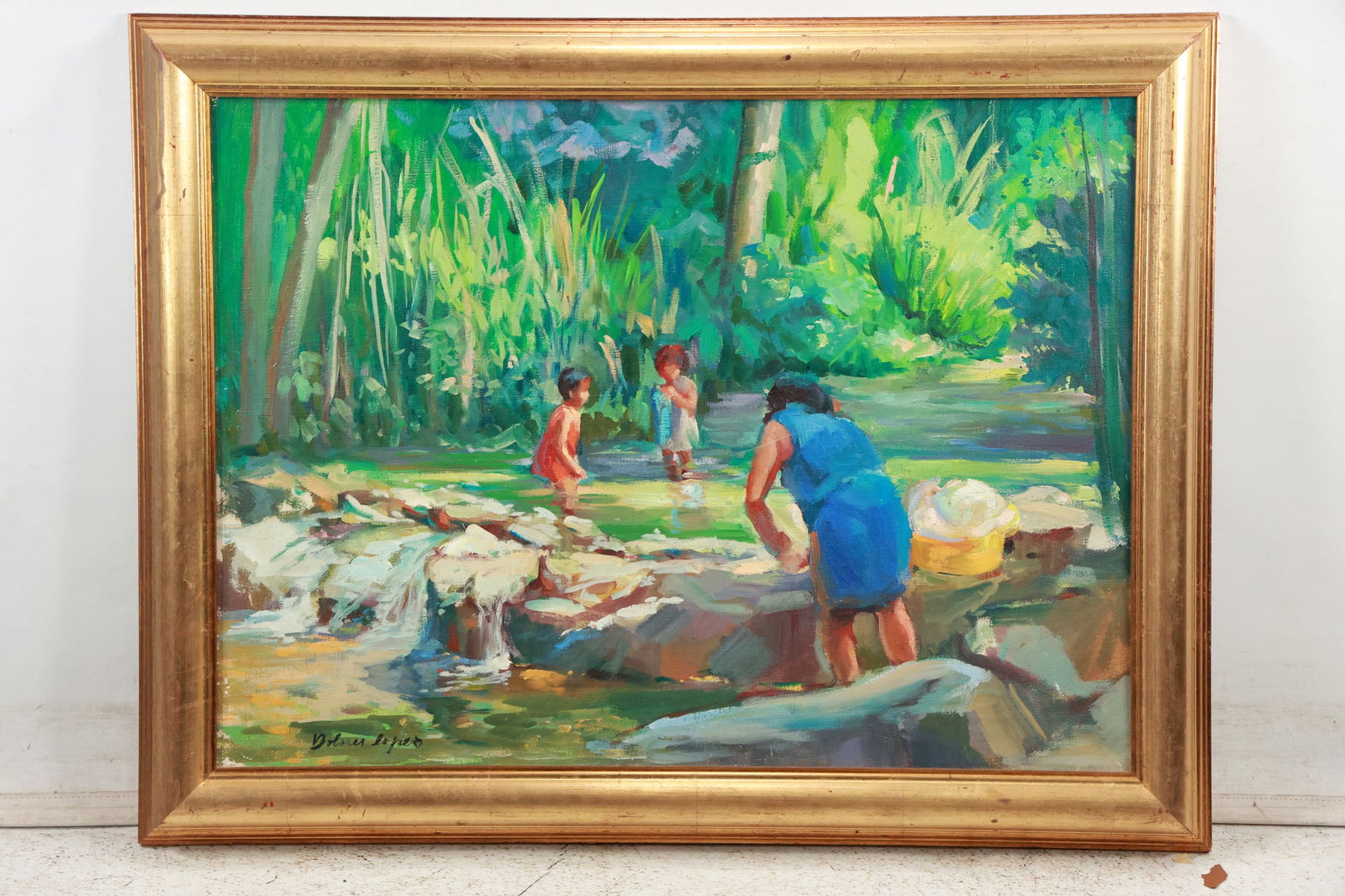 Signed Dolores Lopez, Oil Painting on Canvas, Titled "En El Rio" Venezuela 1976, Framed: Signed Dolores Lopez, Oil Painting on Canvas, Titled "En El Rio" Venezuela 1976, Framed. size: camvas 26 h x 21w frame 32 h x24w