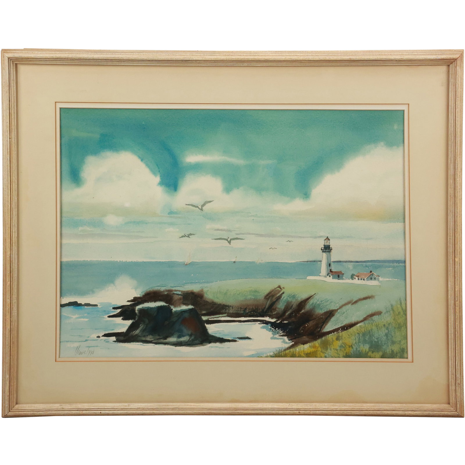 Signed Hewelyn, Newport Lighthouse Vintage Watercolor Painting Framed: Signed Hewelyn, Newport Lighthouse Vintage Watercolor Painting Framed. size: inside 22h x 28w frame 25h x31w