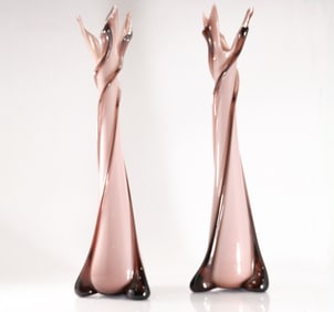 Pair Mid-Century Swirl Form Murano Sculptured Vases in Amethyst  21 inches height