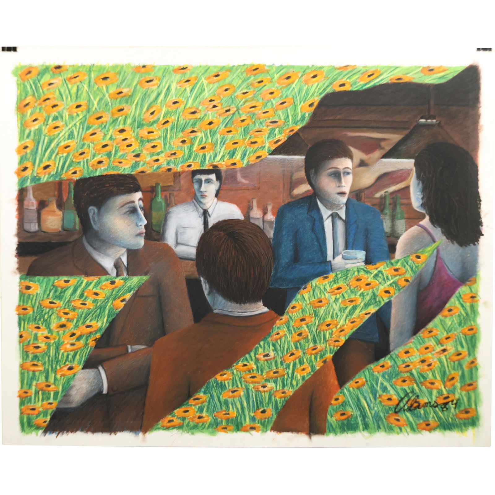 Philip Adams 1984, Oil Pastel Painting, Titled: "Black Eyed Susan", Exhibition Label on Verso: Philip Adams 1984, Oil Pastel Painting, Titled: "Black Eyed Susan", Exhibition Label on Verso, no frame. size: 42h x 41w