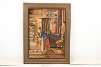 19th C. Petti Point Needlepoint Embroidery Mother and Daughter in Interior, Framed