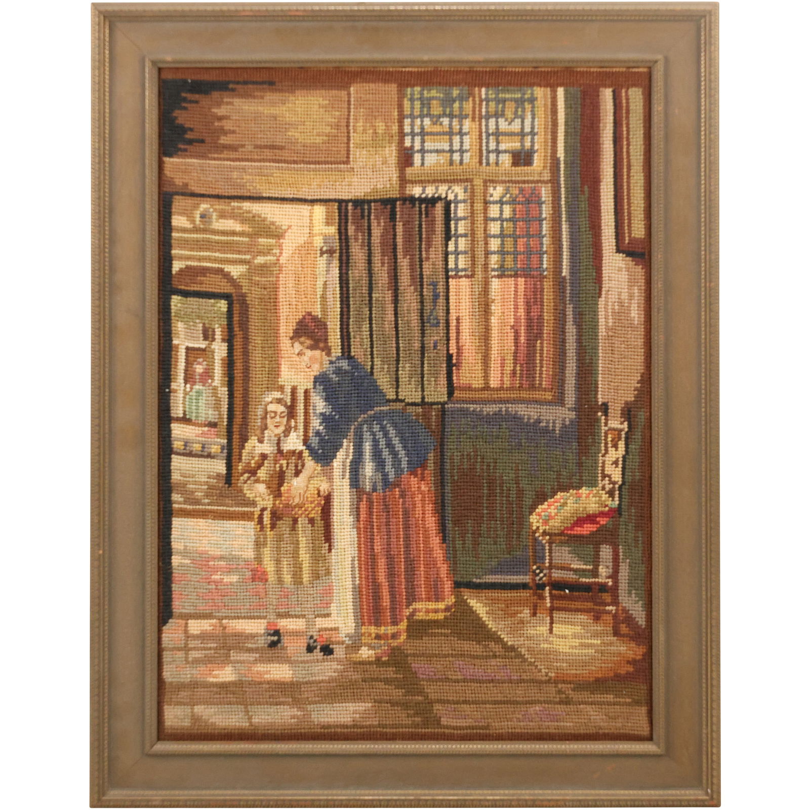 19th C. Petti Point Needlepoint Embroidery Mother and Daughter in Interior, Framed (1 of 14)