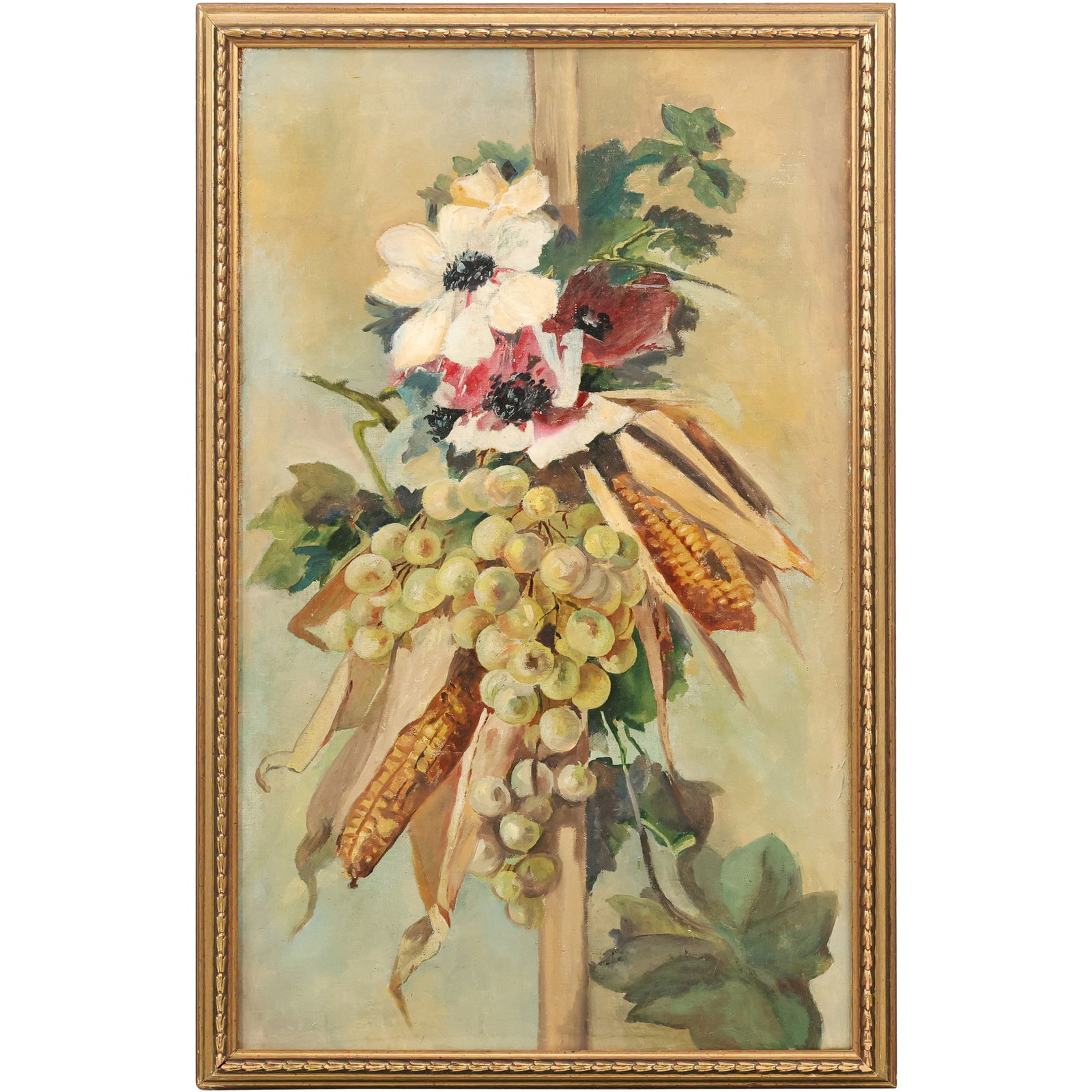 Vintage Still Life Oil on Canvas Painting, Grapes, Flowers, Corn Husks, Framed: Vintage Still Life Oil on Canvas Painting, Grapes, Flowers, Corn Husks, Framed. size: 28h x 16w