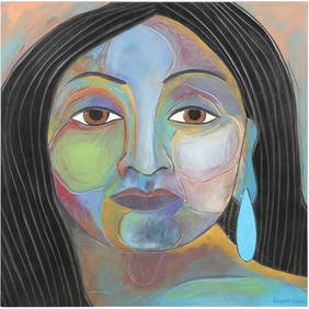Silvester Hustito, Zuni Pueblo Artist, "Wise Woman" Portrait on on Board Painting, Signed (1 of 12)