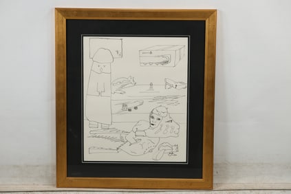 Unusual Ink Line Drawing Erotic Sketches / Scenes, Framed