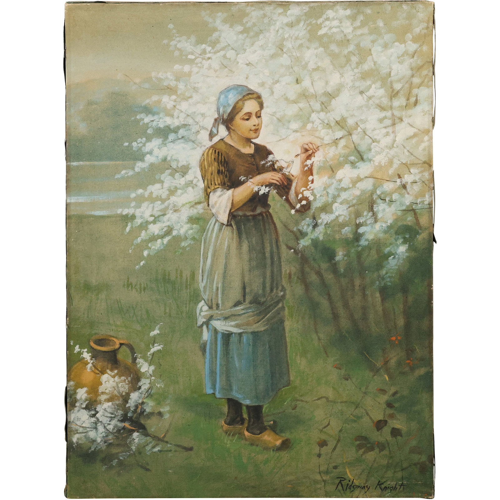 Daniel Ridgway Knight (1839 - 1924], Woman Picking Wild Flowers, Oil on Canvas Painting (1 of 15)