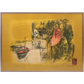 Hoi Lebadang, Framed Lithograph with Intaglio Etching,  Boat and Crescent Moon, Pencil Signed