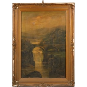 19th C. Oil on Canvas Painting Stone Arched Bridge in Landscape, needs restoration