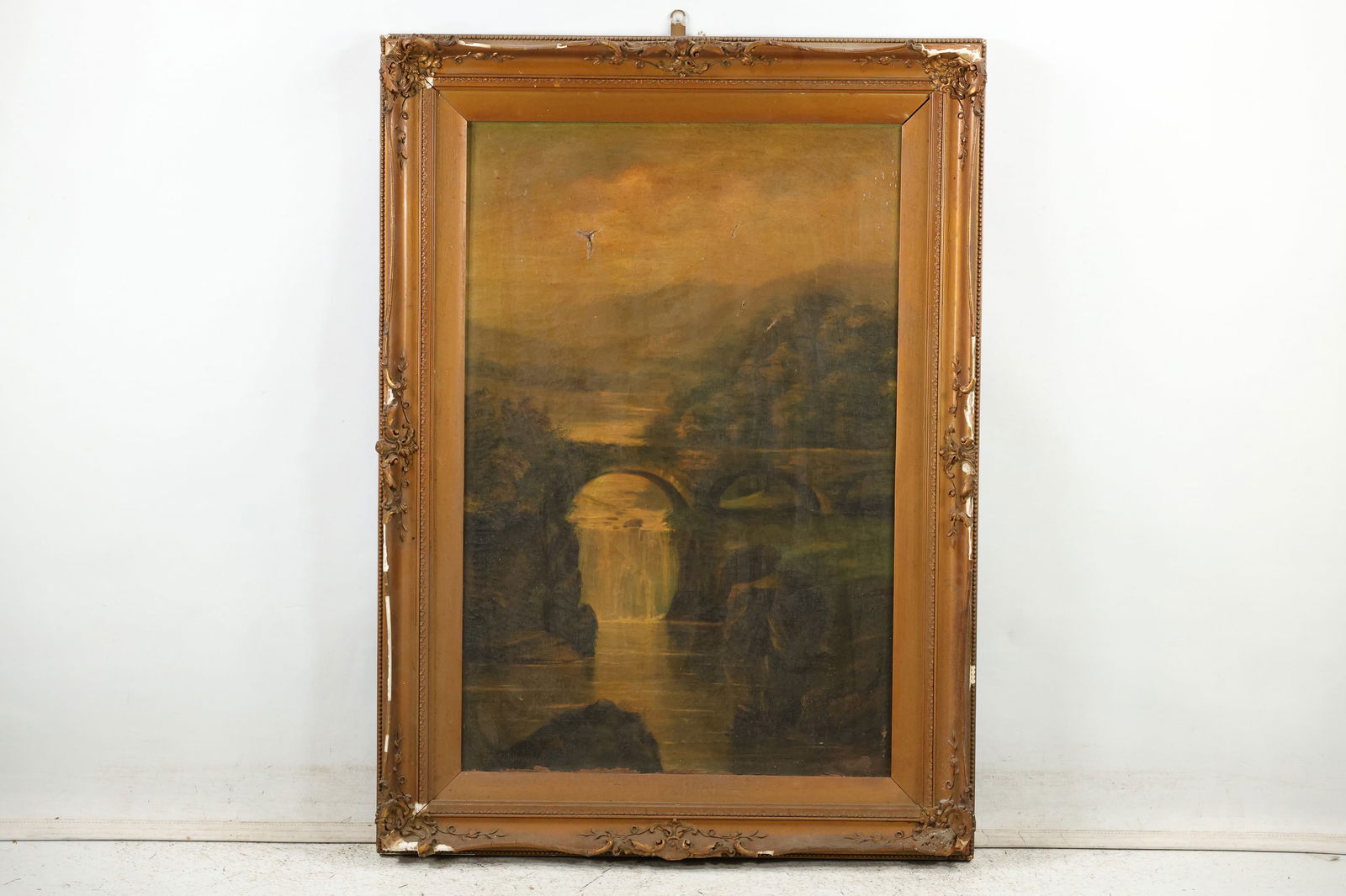 19th C. Oil on Canvas Painting Stone Arched Bridge in Landscape, needs restoration (1 of 15)