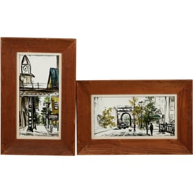 [2] Lila Sobossek, Signed Painted French Street Scene Tiles, both Framed 1950s Vintage