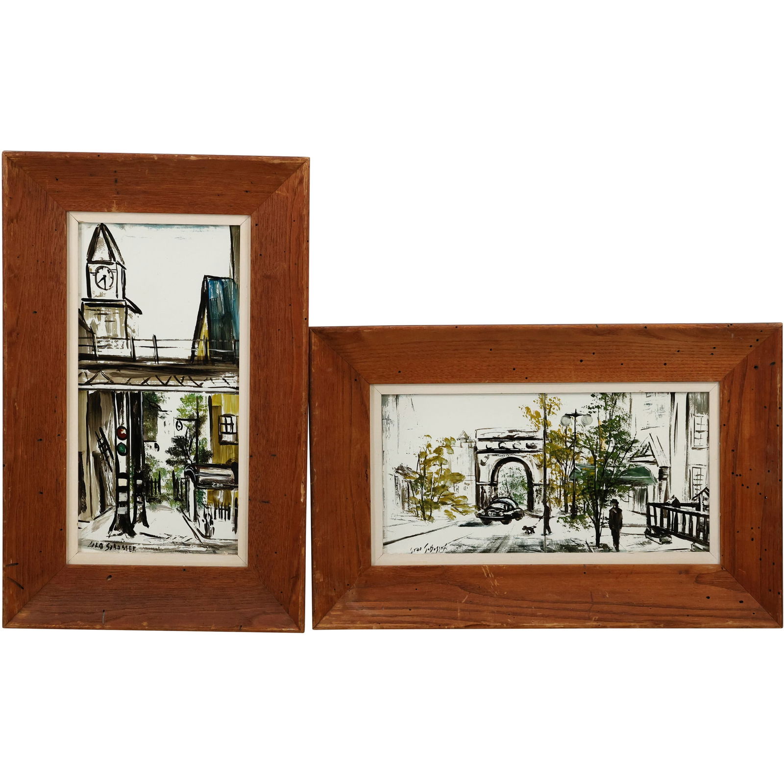 [2] Lila Sobossek, Signed Painted French Street Scene Tiles, both Framed 1950s Vintage (1 of 12)