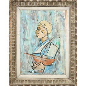 Nadi Ken (Born 1934) France, Oil on Board Painting, Young Boy Holding a Pond Boat, Signed