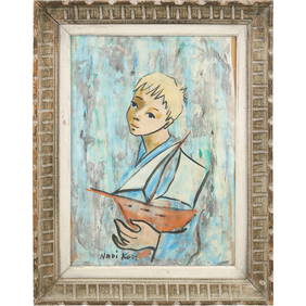 Nadi Ken (Born 1934) France, Oil on Board Painting, Young Boy Holding a Pond Boat, Signed (1 of 13)