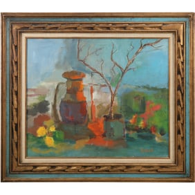 Signed E Hook, Vintage Oil on Canvas Painting, Still Life Landscape with Barn Lantern