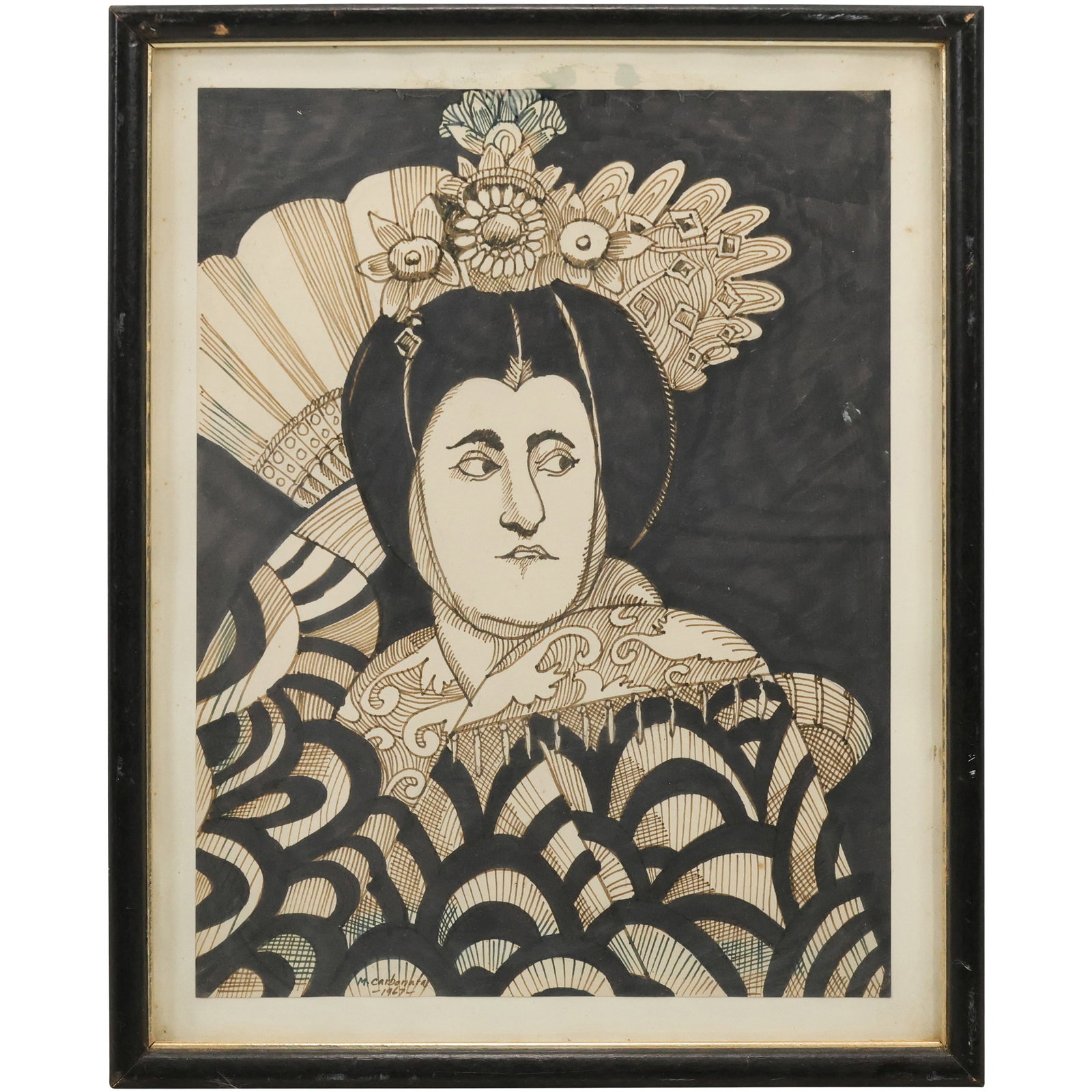 M Carbonara 1967, Ink & Watercolor Japanese Woman in Traditional Attire, Geisha or a Noblewoman: M Carbonara 1967, Ink & Watercolor Japanese Woman in Traditional Attire, Geisha or a Noblewoman. size: 15h x 12 w