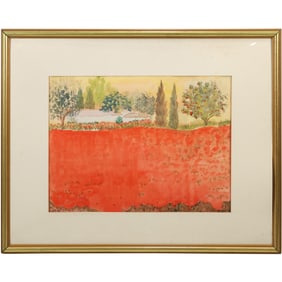 Watercolor Painting Landscape with a Red Poppy Field, Artist Signed lower right, Framed