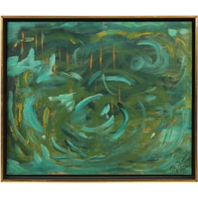 Signed EZ Epstein 1966, Oil on Board Painting Green Abstract Expressionism Framed