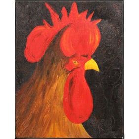 Red Comb Rooster Head Oil on Canvas Painting 14 in. x 12 in.