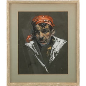 Fine Pastel Painting Portrait Man with Bandanna, Artist Signed Initials, Framed