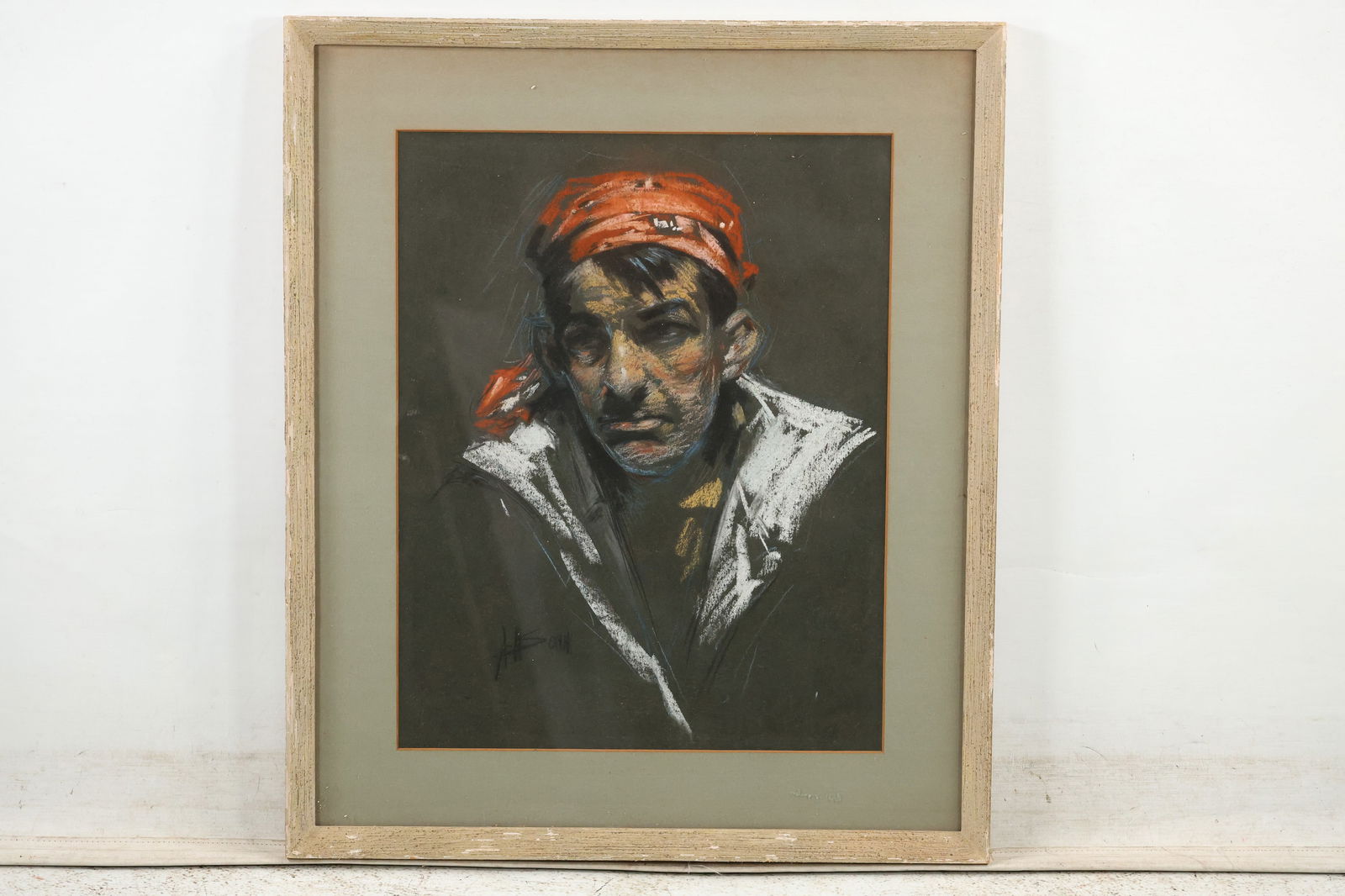 Fine Pastel Painting Portrait Man with Bandanna, Artist Signed Initials, Framed (1 of 12)