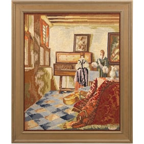 19th C. Petti Point Needlepoint Embroidery Organ Lessons Interior Scene, Framed