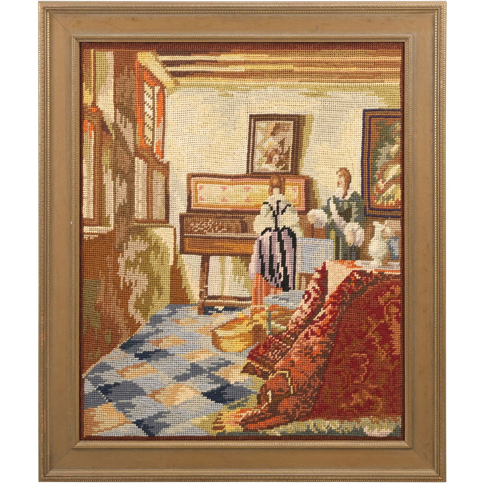 19th C. Petti Point Needlepoint Embroidery Organ Lessons Interior Scene, Framed: 19th C. Petti Point Needlepoint Embroidery Organ Lessons Interior Scene, Framed. size: 24h x 20w