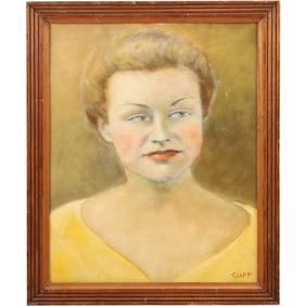 Signed Cliff, 1950s Oil on Board Painting Portrait of a Woman Wearing a Yellow Blouse