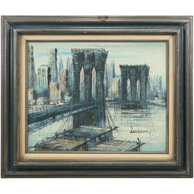 Signed DUCHAMP, Vintage Oil on Canvas Painting "Brooklyn Bridge", Mid-Century Modern