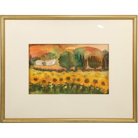 Watercolor Painting, Field of Sunflowers, Artist Signed lower left, Framed